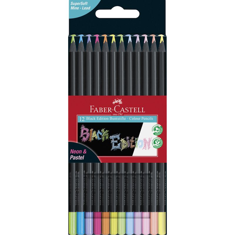 Faber-Castell színes ceruza készlet 12db-os BLACK EDITION fekete test pasztell+neon szín