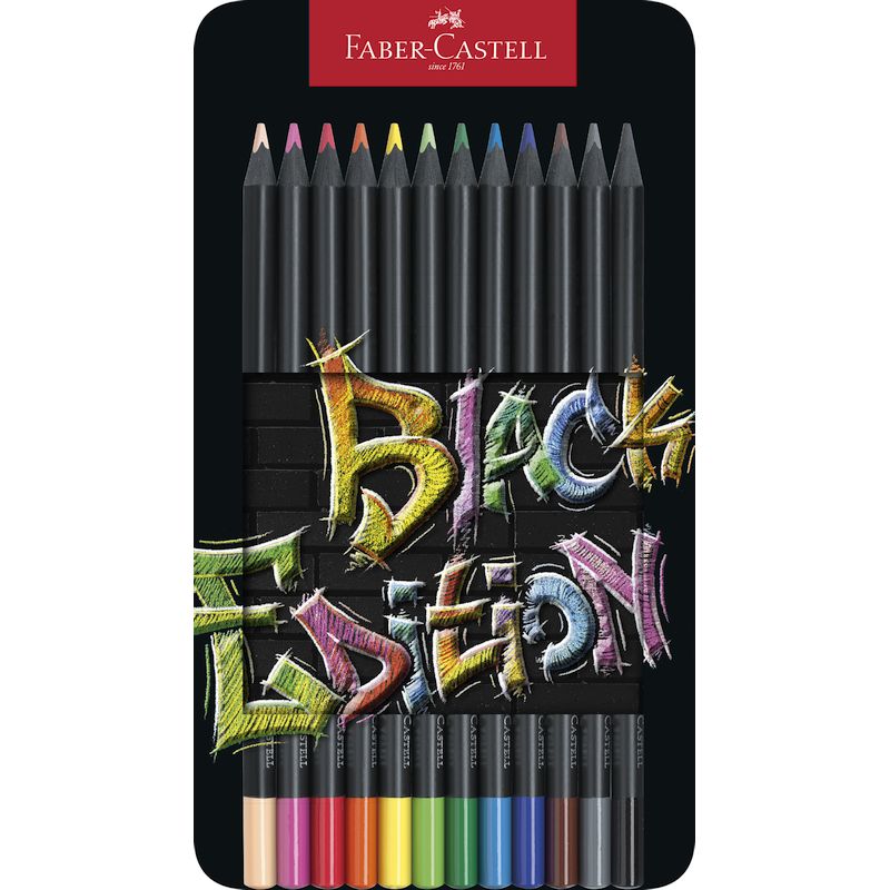 Faber-Castell színes ceruza készlet 12db-os BLACK EDITION fekete test fém dobpzban