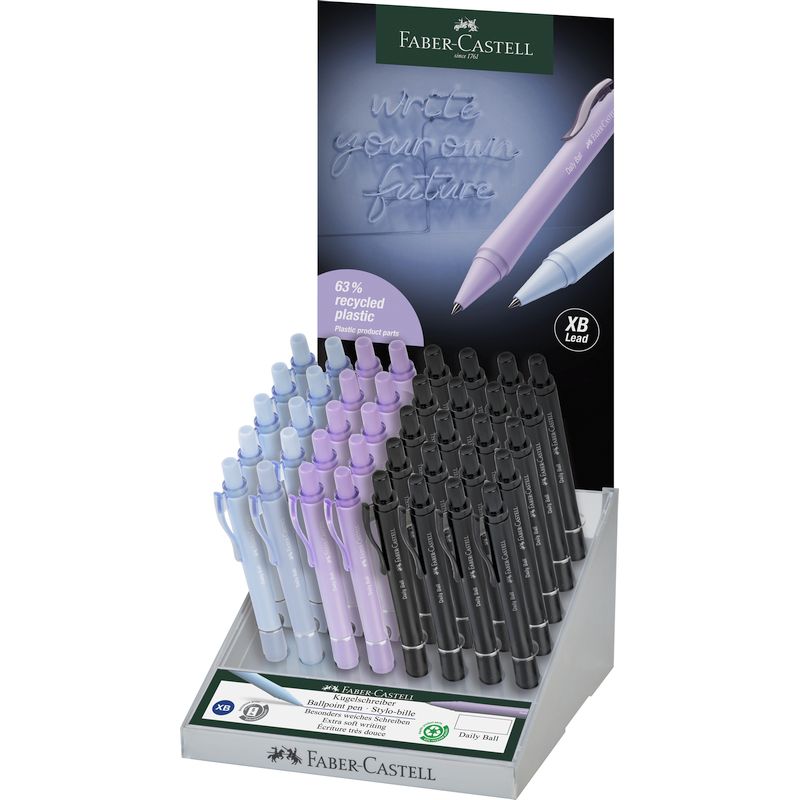 Faber-Castell golyóstoll DAILY BALL 40db-os display XB-s heggyel 2024 (fekete,lila,égkék)