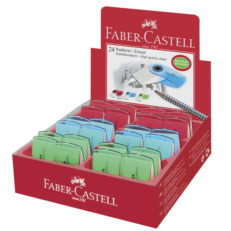 Faber-Castell radír SLEEVE mini átlátszó színes műanyag tartóban (piros,kék,türkiz)